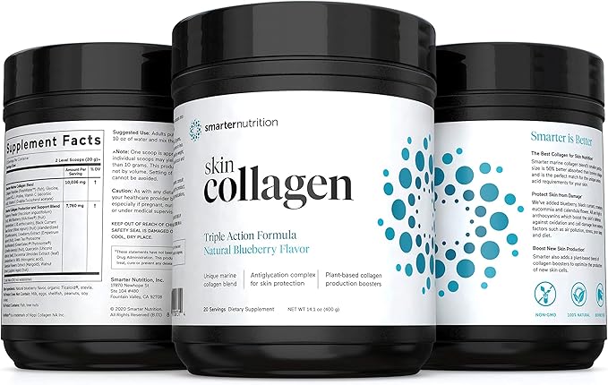 Smarter Nutrition Marine Collagen - Type 1 & 3 Peptides with Herbal Antioxidants for Skin and Hair Health - Vitamin E & C, Green Tea, Berry Powder, Quercetin - (120 Servings (Pack of 6))