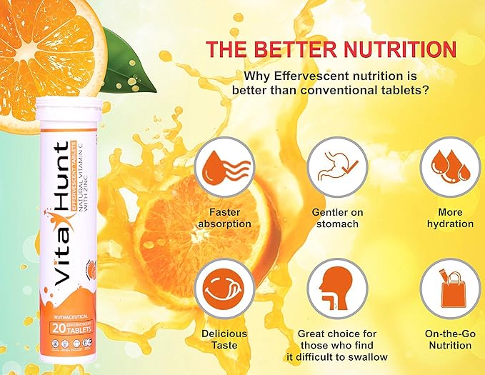 Vitamin C 1000 mg with Zinc- Antioxidants - Immune Support - 20 Effervescent Tablets - Orange Flavour