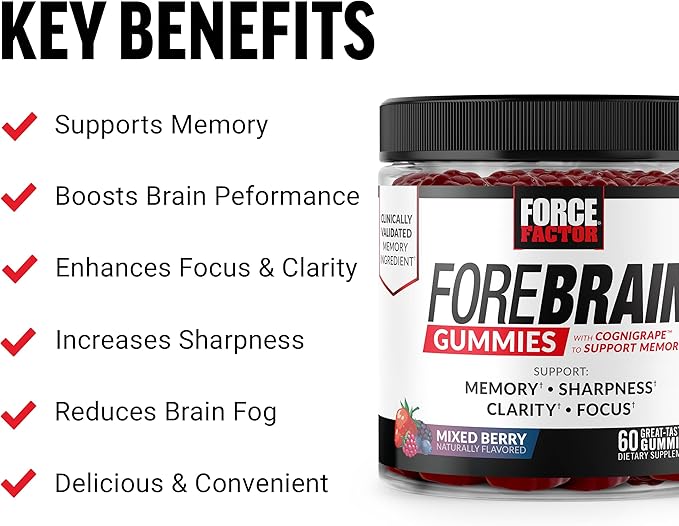 Force Factor Forebrain Gummies Nootropic Brain Support Supplement for Memory and Focus, Brain Vitamin with COGNIGRAPE and Huperzine A, Focus Gummies to Support Recall and Sharpness, 60 Gummies