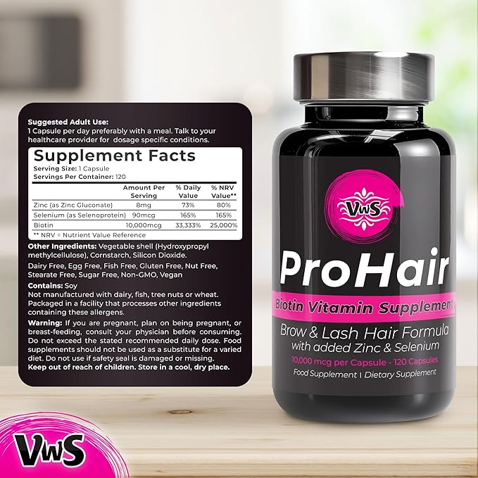 VWS Biotin 10,000 mcg Dietary Supplement w/Zinc & Selenium to Promote Thicker Hair Growth, Stronger Nails & Healthy Skin for Women and Men, 120 Vegan Capsules