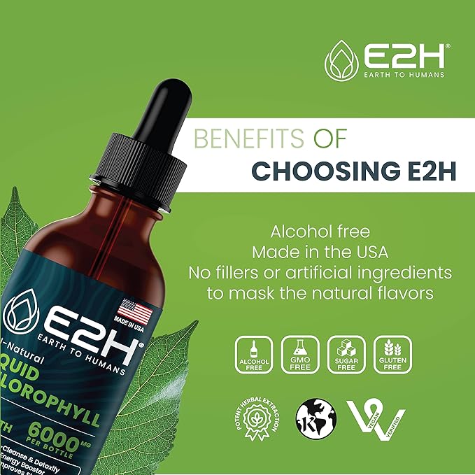 E2H Chlorophyll Liquid Drops - Natural Energy Booster, Immune System Support, Digestion and Skin Care Supplement - Vegan - Gluten Free - Non-GMO - (3 Bottles)