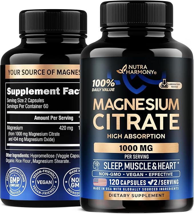 Magnesium Citrate Capsules 1000mg | High Absorption Supplement - Sleep, Muscle & Heart Support - Vegan | Non-GMO - Made in USA - As Powder | Pills | Tablets - 120 Capsules, 2 Month Supply