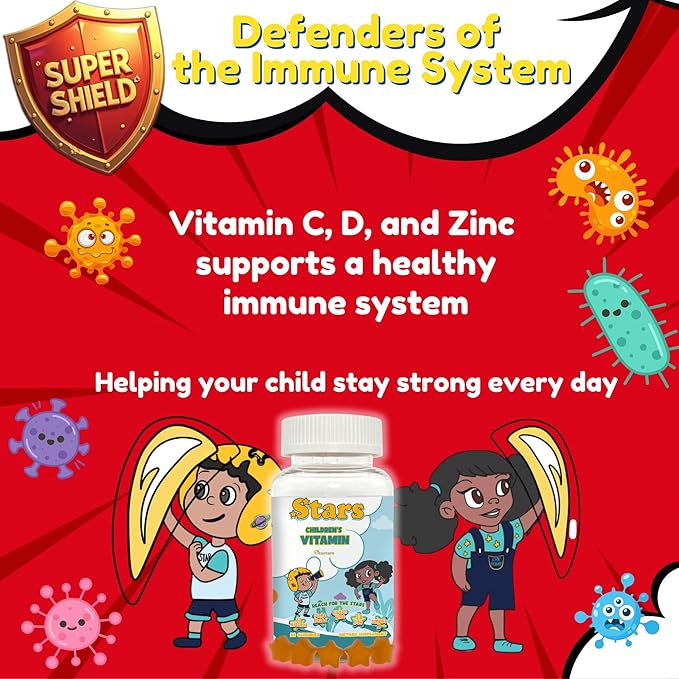 Stars Kids Multivitamin Gummies with Omega 3, Vitamins for Kids with A, B, C, D, Plant Based Multi Vitamins for Children, Manganese, 60 Star-Shaped Multivitamin for Kids, Gluten-Free Gummy Vitamins