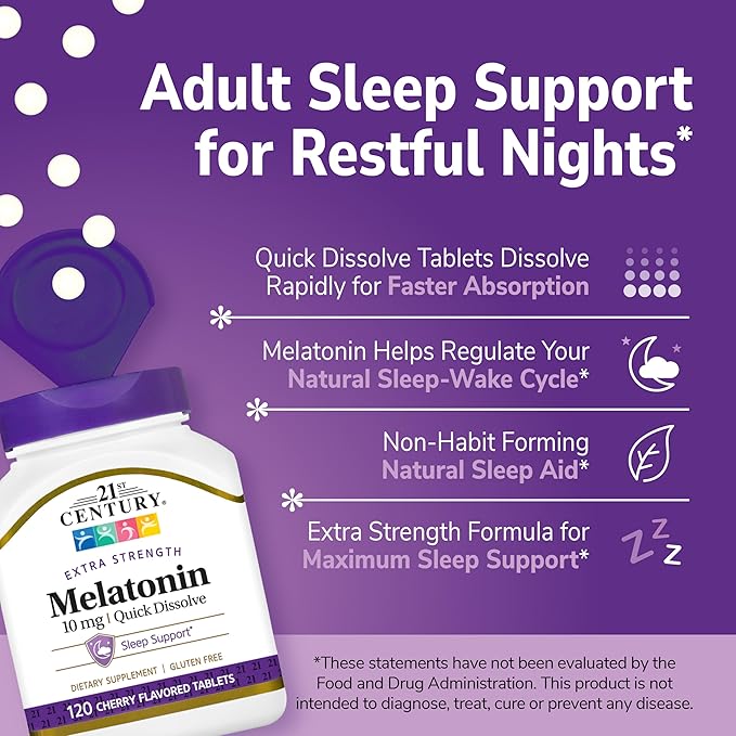 21st Century, Melatonin Quick Dissolve Tablets 10 mg, White, Cherry, 120 Count