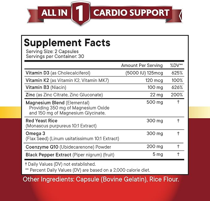 NEW AGE COQ10 200mg Red Yeast Rice 3000mg Omega 3-6-9 3000mg Magnesium Complex 500mg Zinc Vitamin K2 D3 - Vitamins for Women and Men with Vitamin B3, Coenzyme Q10-120 Count