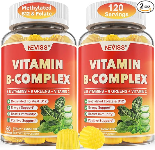 Vitamin B-Complex Gummy Supplements, with Vitamin B12, B7 as Biotin, B6, B3 as Niacin, B5, B6, B8, B9, VC, Zinc for Stress, Healthy Immune System and Energy - Sugar Free, Vegan, 120 Count