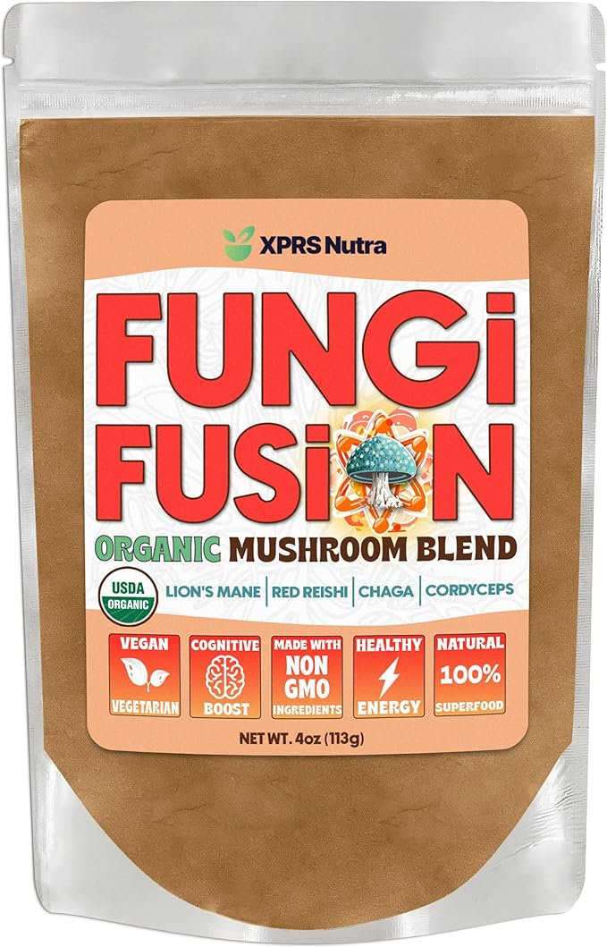 XPRS Nutra Fungi Fusion Organic Mushroom Powder Blend, Premium Blend of Lion's Mane, Reishi, Chaga, Cordyceps for Mental Clarity, Cognition, Energy and Immunity - 4 Ounce