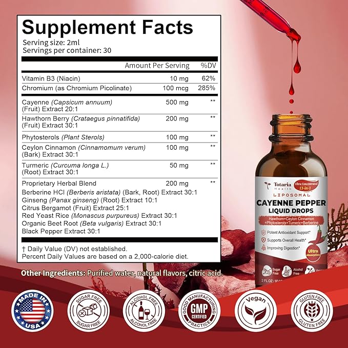 Cayenne Pepper Drops Liposomal Liquid Supplement, 13-in-1 Cayenne Pepper Drops with Vitamin B3, Hawthorn Berry, Panax Ginseng, Berberine, Beet Root, Ceylon Cinnamon, Turmeric Curcumin Extract