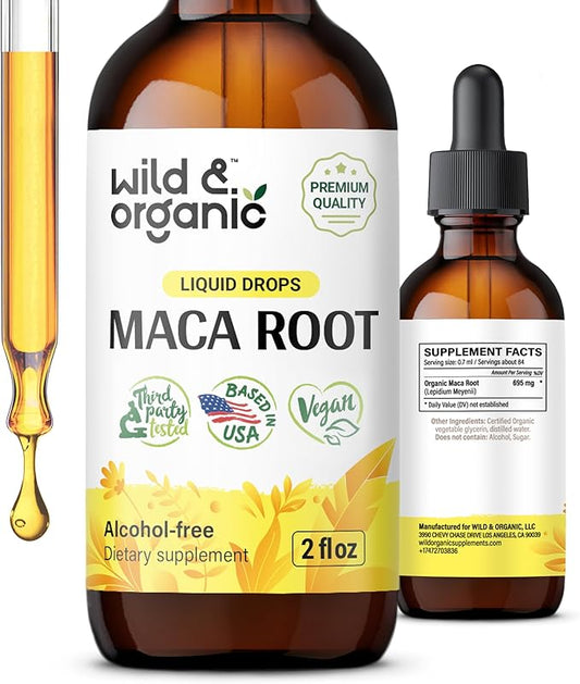 Wild & Organic Maca Root Drops for Women & Men - Mood, Focus, Active Lifestyle - Peruvian Maca Supplement - Vegan, Sugar & Alcohol-Free Tincture - 2 fl oz
