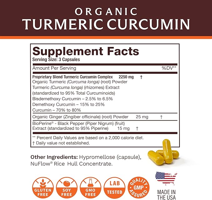 Life's Fortune Organic Turmeric Curcumin with Black Pepper and Ginger, Enhanced Absorption, Extra Strength Supplement, Joint & Immune Support, Non-GMO, 90 Cap - 2250mg