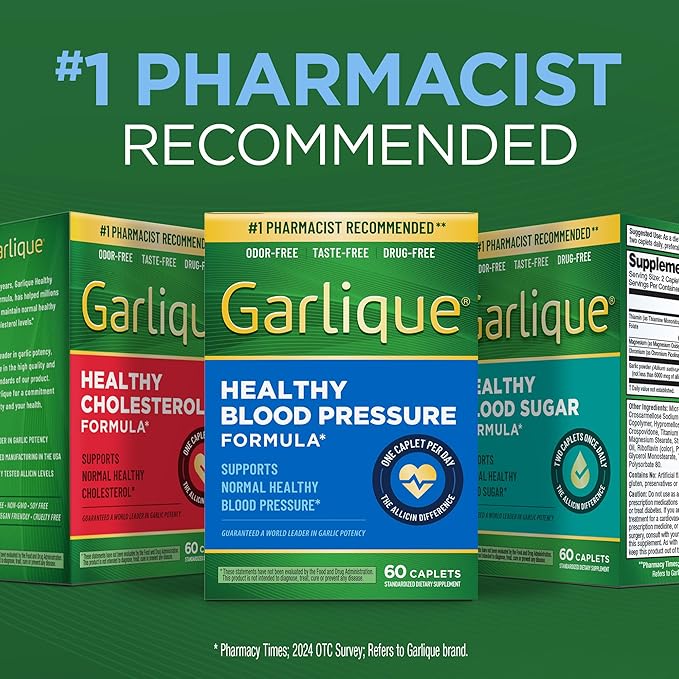 Garlique Garlic Extract Supplement, Healthy Blood Pressure Formula, Odorless & Vegan, 60 Caplets