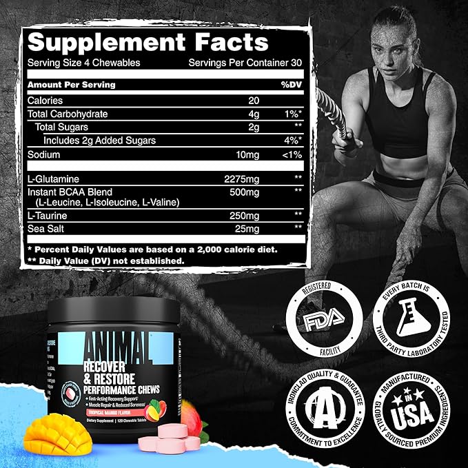 Animal Recovery Chews, Fast Acting Recovery with BCAA, Taurine and Glutamine for Muscle Repair and Hydration - Convenient and Delicious Chews Format
