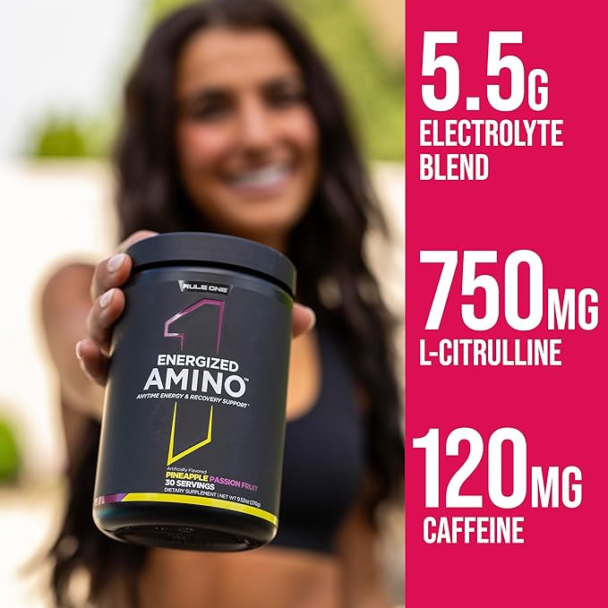 Rule 1 Energized Amino – Anytime Energy and Recovery Support with BCAAs, Glutamine, Citrulline, Beta Alanine, and Caffeine from Green Coffee & Tea Leaf Extracts (30 Servings, Fruit Punch)