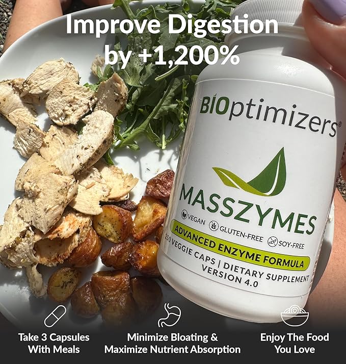 BIOptimizers MassZymes Digestive Enzymes Supplement – Max Nutrient Absorption, Boost Energy, Reduce Bloating – Health Vegan Dairy-Free – Muscle Recovery, Gut Health & Clarity - 100,000 Units 120 Caps