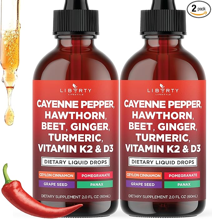 Cayenne Pepper Supplement Liquid Drops + Hawthorn Berry, Vitamin D3 K2 Beet Root Powder, Ceylon Cinnamon, Turmeric Curcumin, Organic Panax Ginseng - 4oz