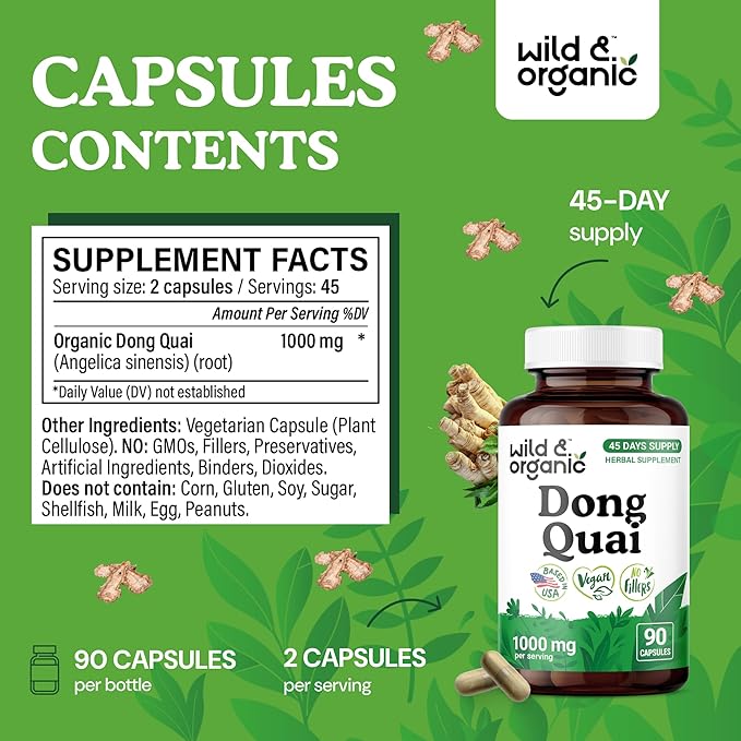 Wild & Organic Dong Quai Capsules for Women - 1000 mg per Serving - Dong Quai Root Supplement - 45-Day Supply - Traditional Angelica Sinensis - Non-GMO, Vegan - 90 Count