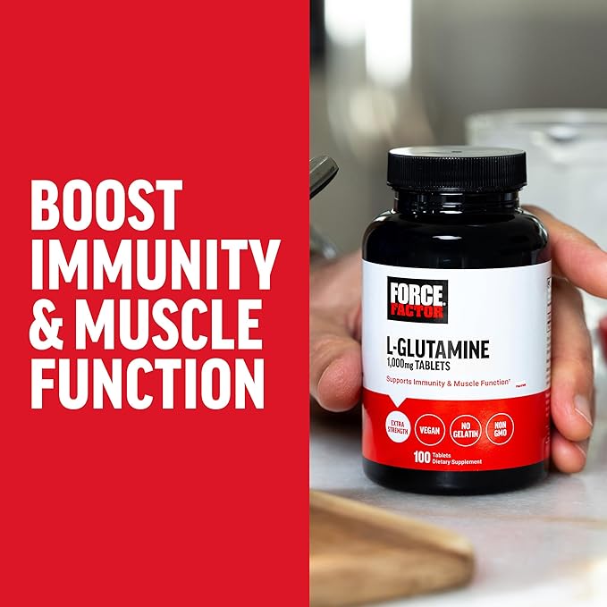 FORCE FACTOR L-Glutamine 1000mg Tablets, Glutamine for Muscle Recovery, Healthy Muscle Function, and Immunity, Vegan, Non-GMO, 100 Tablets