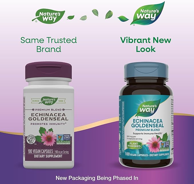 Nature's Way Echinacea Goldenseal, Premium Blend, Supports Immune Health*, 900 mg per 2-Capsule Serving, Non-GMO Project Verified, Vegan, 100 Capsules (Packaging May Vary)