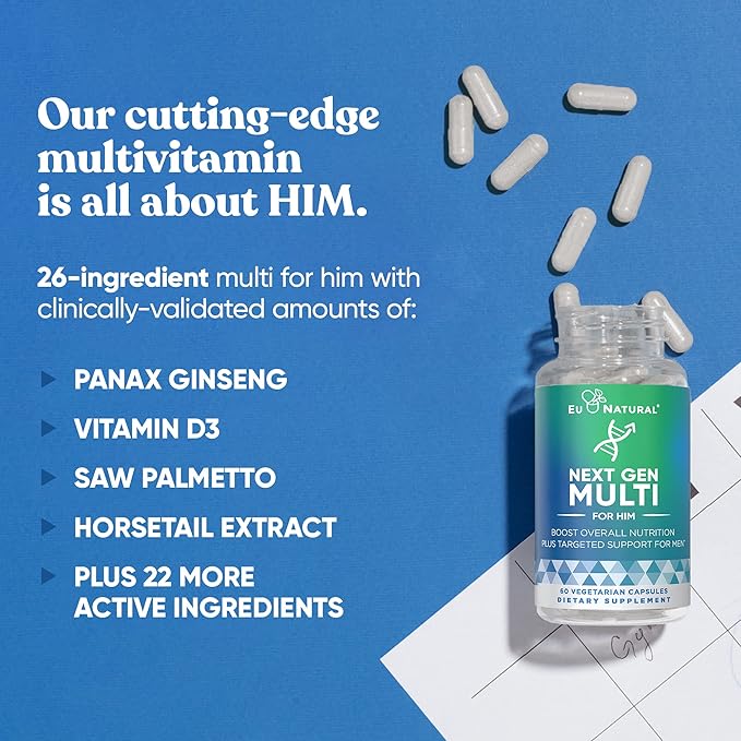 Next Gen Multi for Him Advanced Men’s Multivitamin Supplement – 26-in-1 Multiblend for Beard & Hair Growth, Men’s Reproductive Health, Metabolism, Heart, Skin, Prostate Support, More – 60 Veg Capsules