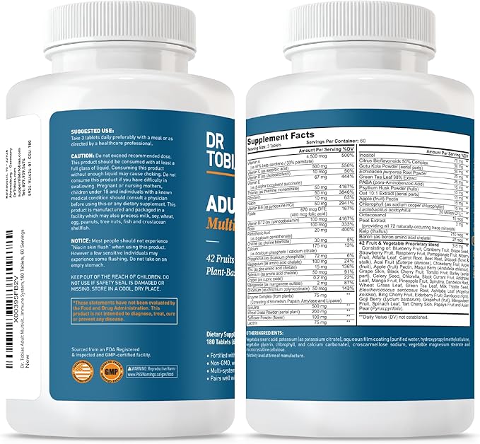 Dr. Tobias Adult Multivitamin for Women & Men, Immune Supporting Vitamins from 42 Fruits, Vegetables, Plus Probiotics, Vegan Multivitamins for Men & Women, Non-GMO, 180 Tablets, 60 Servings