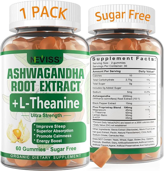 NEVISS Ashwagandha Gummies 2000mg, Feel Refreshed, Plus Proprietary Blend with 5-HTP, L-Theanine, Lemon Balm, Magnesium for Calm, Zzzs, Mood, Energy & Relaxation Support (1 Pack (60 Countss))