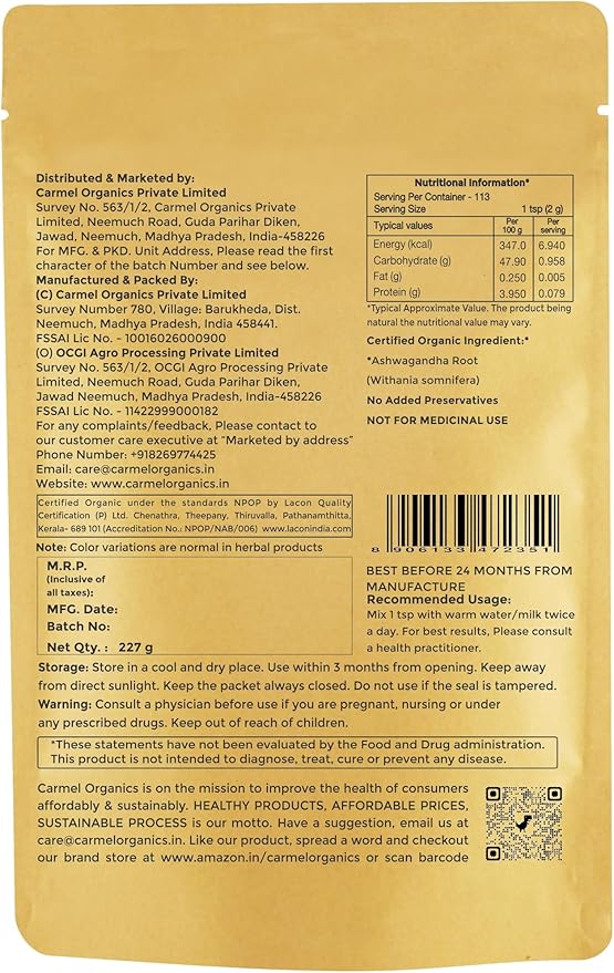 CARMEL ORGANICS Organic Ashwagandha Root Powder (8 Oz or 227g/0.5 Lbs) USDA Certified. Lab Tested, Non GMO & Gluten Free | Withania Somnifera from India