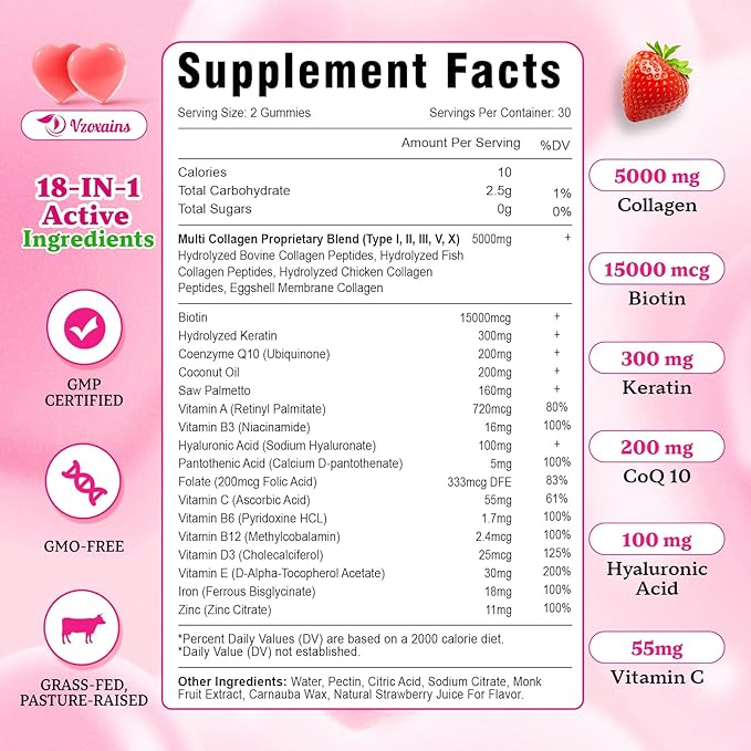 Collagen Peptides Gummies 5000MG, Collagen Gummies for Women & Men, Type I,II,III,V,X Protein with Biotin, Hyaluronic Acid, Vitamin C for Healthy Skin | Strawberry Flavored, Sugar Free, 120 Cts
