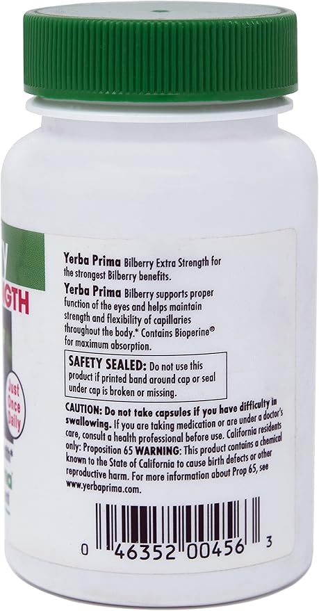 Yerba Prima Bilberry Extra Strength, 50 Caps - Maximum Absorption, Convenient One Pill A Day, USA Made, Promotes Eye Health, Over 30 Years of Research, A Brand You Can Trust