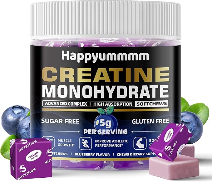 Creatine Monohydrate Soft Chews 5g for Men & Women, Preworkout Gummy with Electrolyte for Muscle Growth, Strength & Energy Support, Blueberry 60 pcs