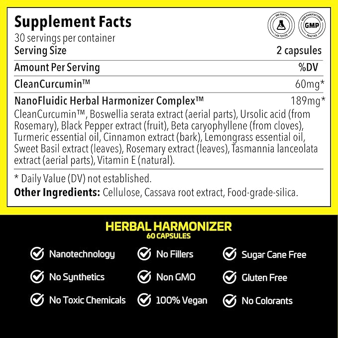 Herbal Harmonizer with CleanCurcumin(TM) - Antioxidant in Capsules - Multi Botanical Super Antioxidants Supplement - Nano Curcumin - Holistic Wellness Defender (60 Capsules)