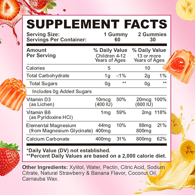 Double-Flavor Magnesium Glycinate Gummies 400MG, Sugar Free Magnesium Supplement Calm Sleep for Women Kids Adults with Vitamin D3, B6 and Calcium, Gluten Free & Vegan Friendly, 60 Count