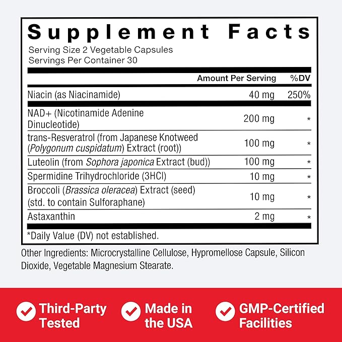 FORCE FACTOR NAD+ (NMN or Nicotinamide Riboside Alternative) with Resveratrol, Astaxanthin, Spermidine & Luteolin Complex, NAD to Support Cellular Health & Healthy Aging, 60 Capsules