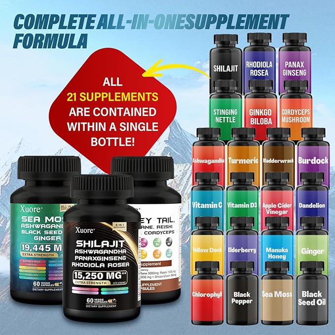 Shilajit,Sea Moss, Black Seed Oil,Mushroom & Herb Supplement with Lions Mane, Turkey Tail, Reishi, Cordyceps, Chaga, Ashwagandha, Ginger, Rhodiola Rosea & Panax Ginseng,All in One Supplement.