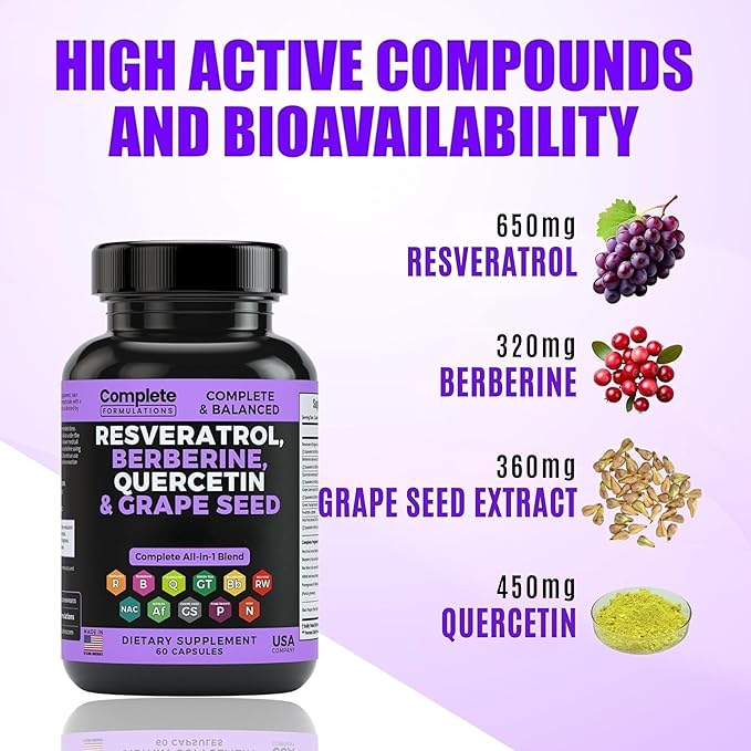 Resveratrol Supplement with Quercetin, Berberine, Grape Seed Extract & Polyphenol Blend for Skin Health, Immune Support & Antioxidant Boost