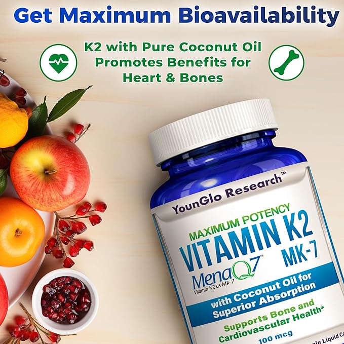 Vitamin K2 MK7 (MenaQ7) 100 mcg w/Coconut Oil for Superior Absorption, Dietary Health Supplement, 120 Vegan Liquid Capsules to Support Bone Strength & Density for Adults Women & Men
