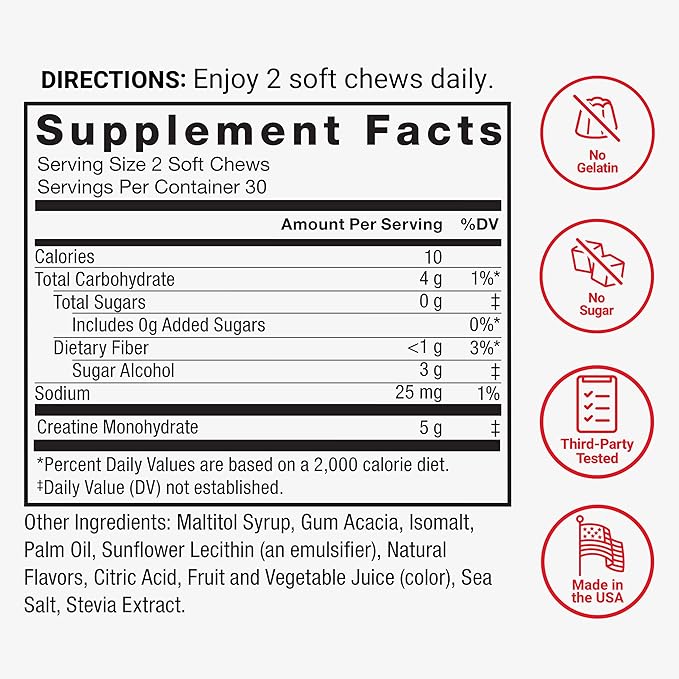FORCE FACTOR Legendary Creatine Chews, 5g Creatine Monohydrate, Build Muscle, Improve Strength & Recovery, Support Memory & Cognitive Function, Sugar Free, Berry Blast, 60 Soft Chews
