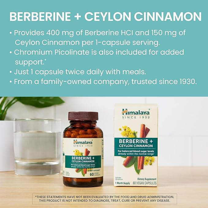 Himalaya Berberine + Ceylon Cinnamon from Indian Barberry Root, Includes Chromium, for Gastrointestinal, and Daily Metabolism Support, Vegan, Gluten Free, Herbal Supplement, 60 Capsules