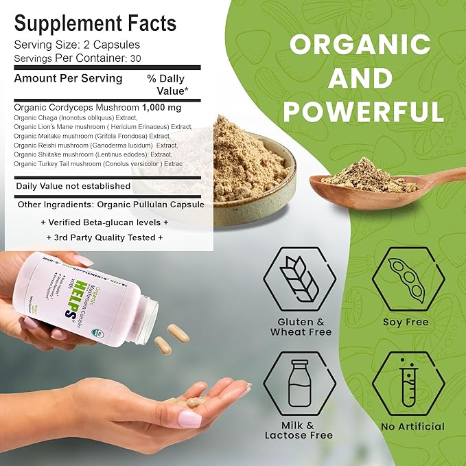 Organic Mushroom Complex Capsules | 6-in-1 Mushrooms Supplement | Brain Health, Immune Support System, Memory & Energy | 1000mg Cordyceps, Chaga, Lion’s Mane, Reishi, Shiitake & Turkey Tail Extract