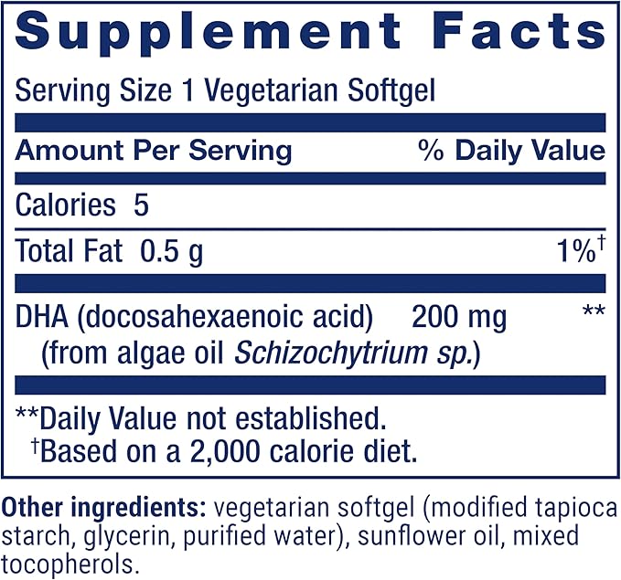 Life Extension Vegetarian DHA, Omega-3 from Algae for cognition, Mood & Eye Health, Gluten-Free, Non-GMO, Vegan, 30 softgels