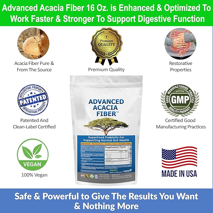 Advanced Acacia Fiber Powder 16oz Organic Soluble Fiber Leaky Gut Repair Powder. Natural Supplement for Gut Health, Regularity, Digestive Rejuvenation