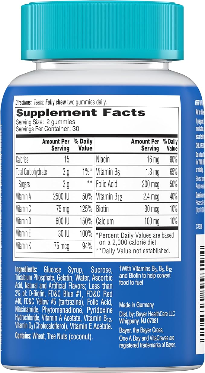 One A Day Teen for Him Multivitamin Gummies, Gummy Multivitamins with Vitamin A, C, D, E and Zinc for Immune Health Support, Physical Energy & more, 60 Count