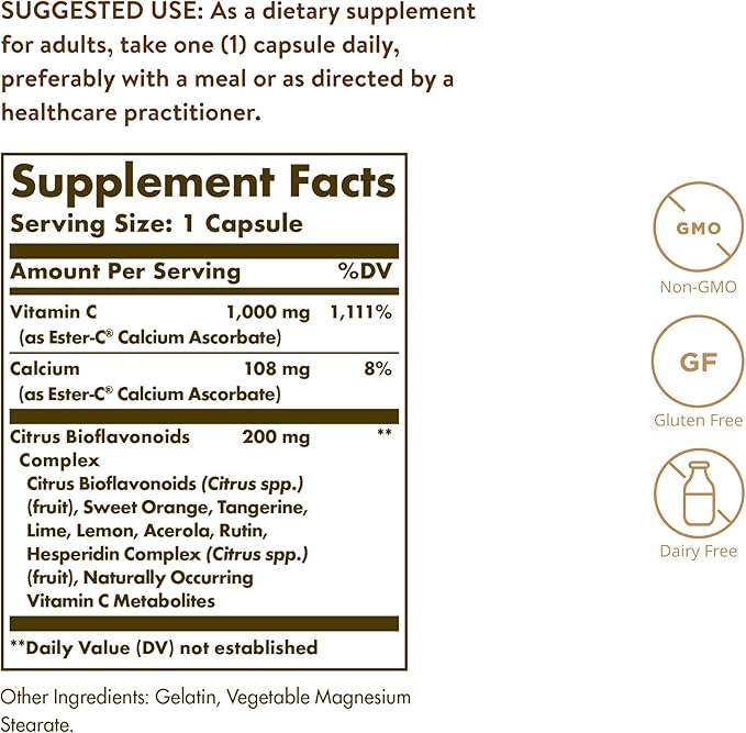 Solgar Ester-C Plus 1000 mg Vitamin C with Citrus Bioflavonoids - 50 Capsules - Gentle & Non Acidic - 24-Hour Immune Support, Supports Upper Respiratory Health - Non-GMO, Gluten Free - 50 Servings