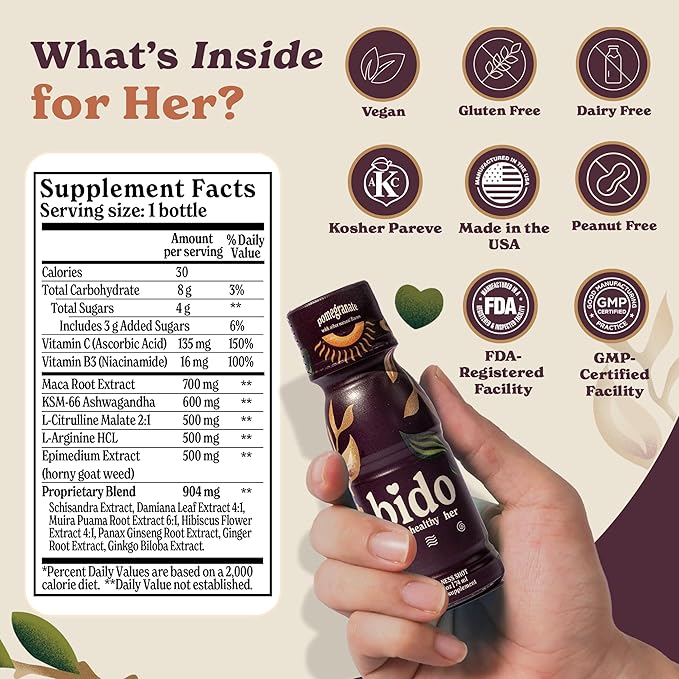 Bido | Women's Wellness Drink | Herbal Formula for Women: Ashwagandha KSM-66, Maca, Ginseng, Damiana & More | 15:1 Female Supplement for Mood, Vitality & Hormone Balance Support | Pomegranate, 15-pack