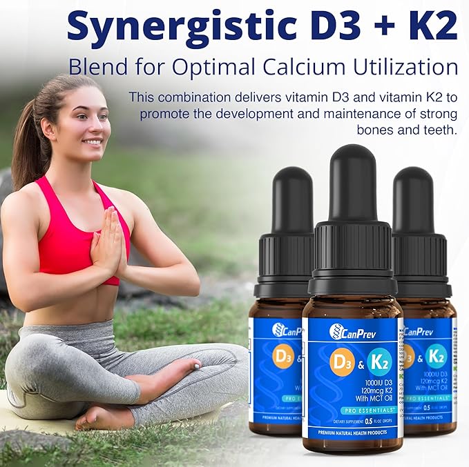CanPrev D3 & K2 Drops - MCT Oil Base, 15ml Liquid Vitamin Supplement, 450 Drops with 250IU D3 & 30mcg MK-7 K2, Supports Strong Bones & Teeth, Easy-to-Take Formula, Free from Gluten, Dairy, Soy & Sugar