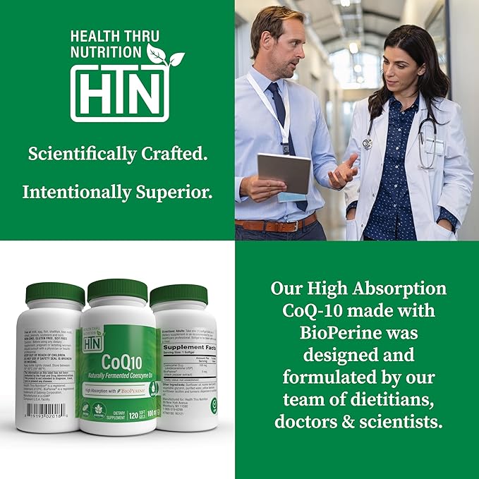 Health Thru Nutrition CoQ-10 100mg with BioPerine 120 Softgels | High Absorption Naturally Fermented USP Grade Coenzyme Q10 Supplement | 3rd Party Tested | Heart Health and Energy Support