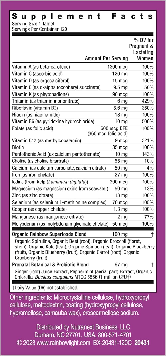 Rainbow Light High-Potency Prenatal One Multivitamin, Prenatal Health Multivitamin Supports Mom's Health and Baby's Development, With Vitamin C, Vegan, 120 Count