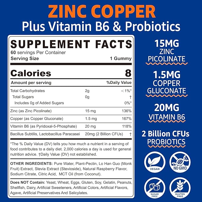 Zinc Gummies with Copper + Probiotics, Vitamin B6 for Max Absorption, Zinc Supplements for Men and Women, Two Essential Minerals Balance Formula for Immunity and Gut Health, Vegan, Non-GMO, 120 Cts