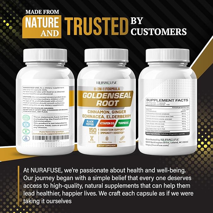 Goldenseal Root 8-in-1 Formula - with Cinnamon Ginger Echinacea Elderberry Black Pepper Vitamin D3 - Non-GMO, Gluten-Free, Soy-Free