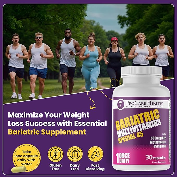 ProCare Health Bariatric Multivitamin with Iron (30 Capsule) 45mg Iron with Reduced B12 - Post-Op Bariatric Vitamins for Gastric Bypass Sleeve Patients, Sustains Recovery & Energy (1 Month Supply)