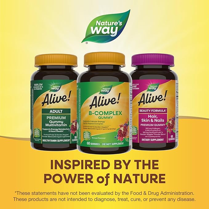 Nature's Way Alive! B-Complex Gummies, Cellular Energy Support*, 8 B-Vitamins, Vegetarian, Mango Flavored, 60 Gummies (Packaging May Vary)